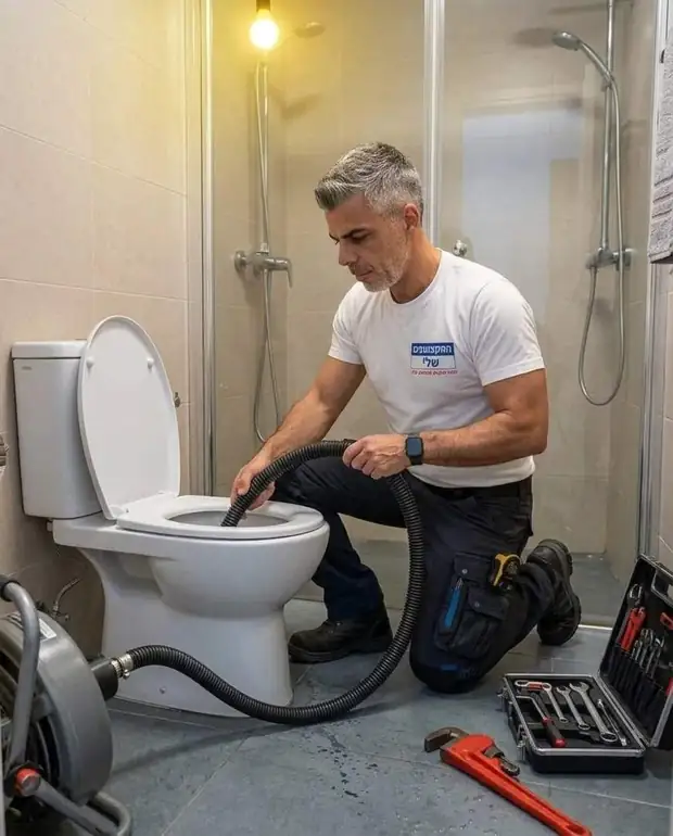 פתיחת סתימה באסלה עם צינור ומכונה