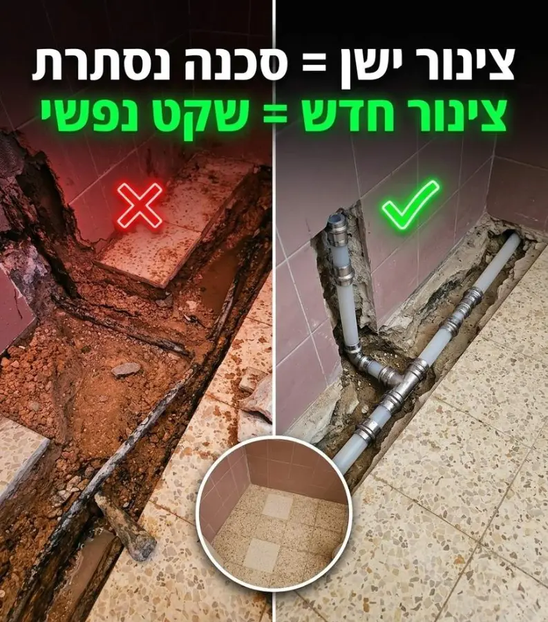 לפני ואחרי: צינור ישן וחלוד מתחת לרצפה מול צנרת חדשה שהותקנה במקומו