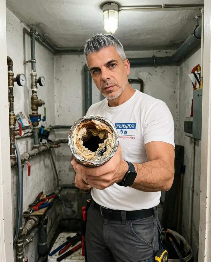 צינור ישן סתום באבנית וחלודה שגרם לירידה בלחץ המים