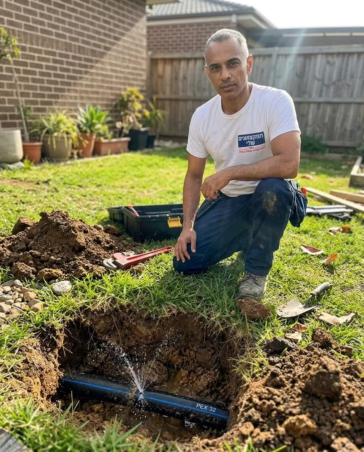 בור קטן בדשא שבו נחשף צינור PEX תת קרקעי עם נזילה פעילה