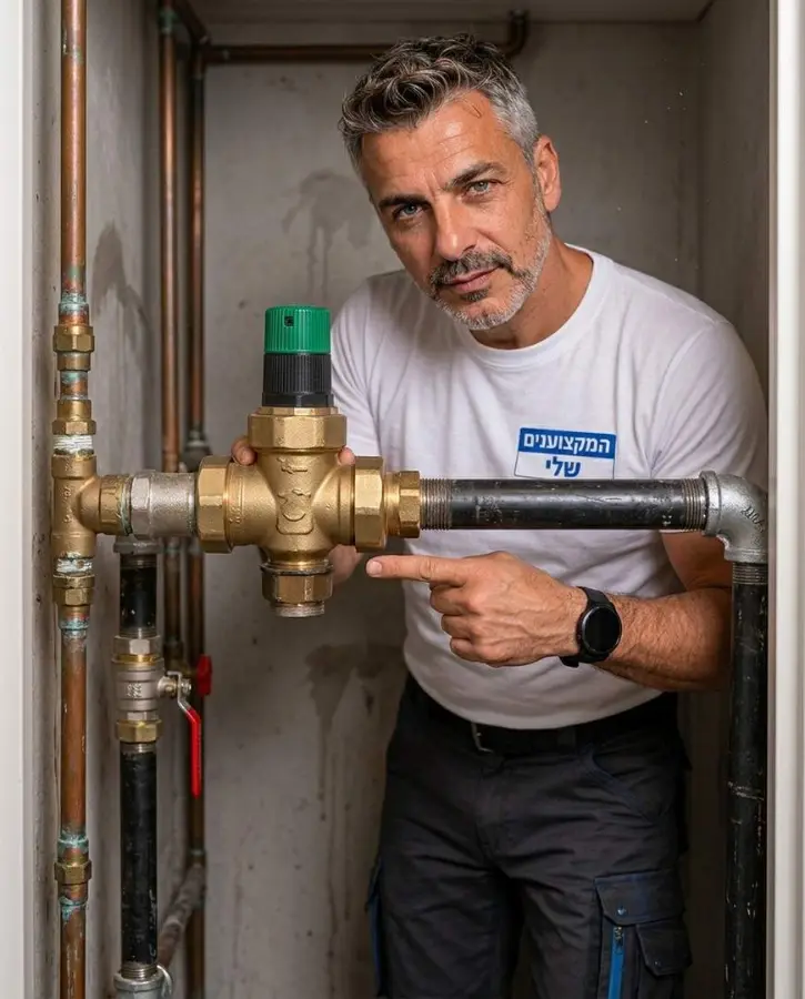 אינסטלטור מצביע על וסת לחץ המים בכניסה לדירה